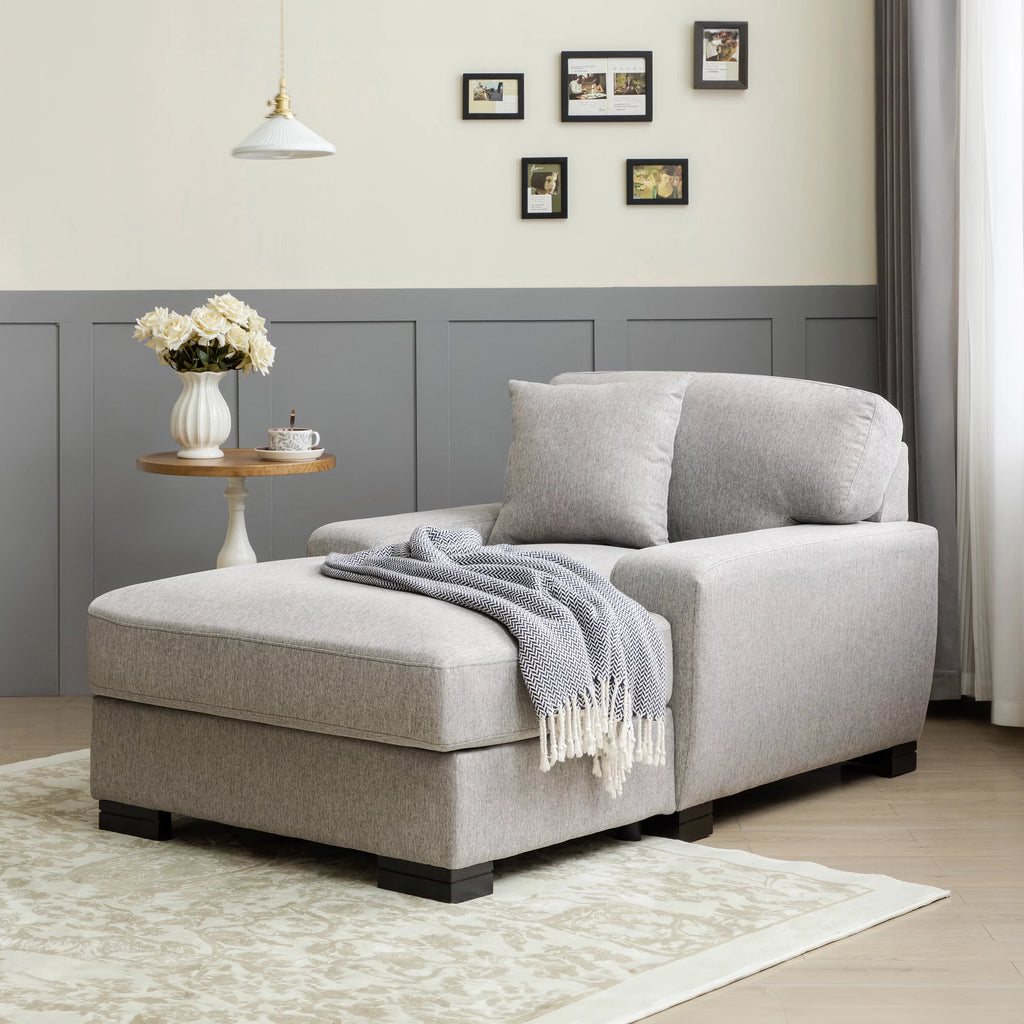 Gray Velvet Chaise Lounger Sofa with Pillow and Wood Legs E4740
