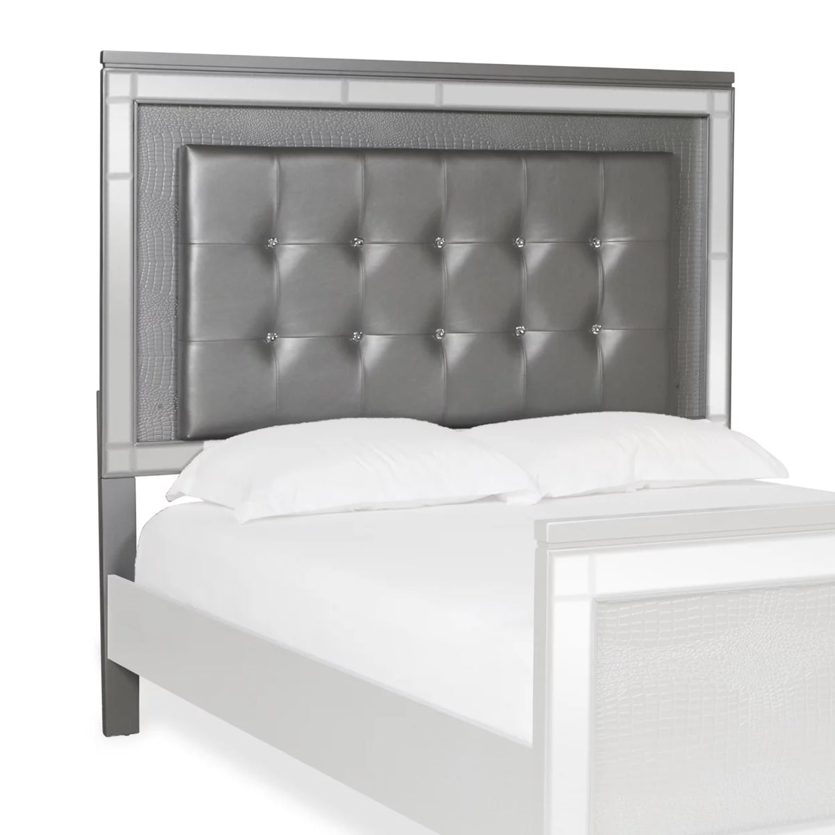 Gray Faux Crystal Tufted Fabric Twin Headboard with LED Trim S993594