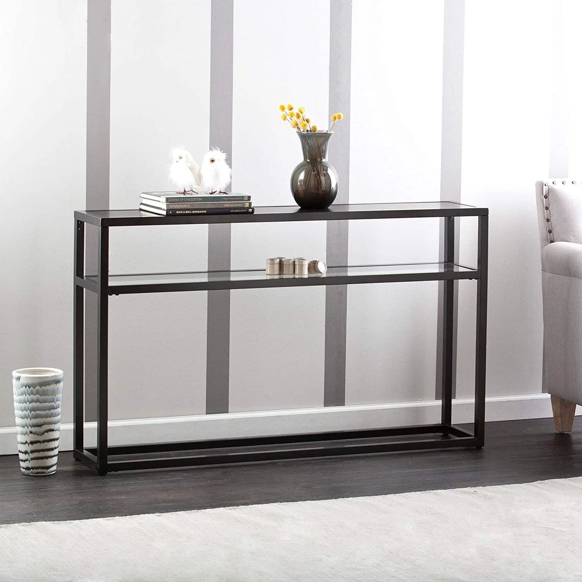 Black Metal Console Table with Glass Shelf B7371