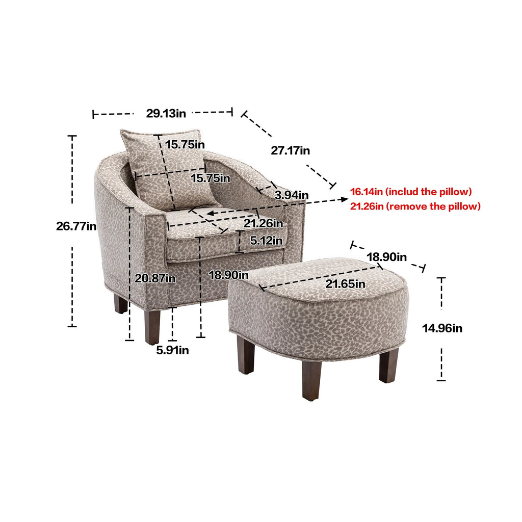Leopard Gray Linen Polyester Upholstered Barrel Chair with Ottoman J521875