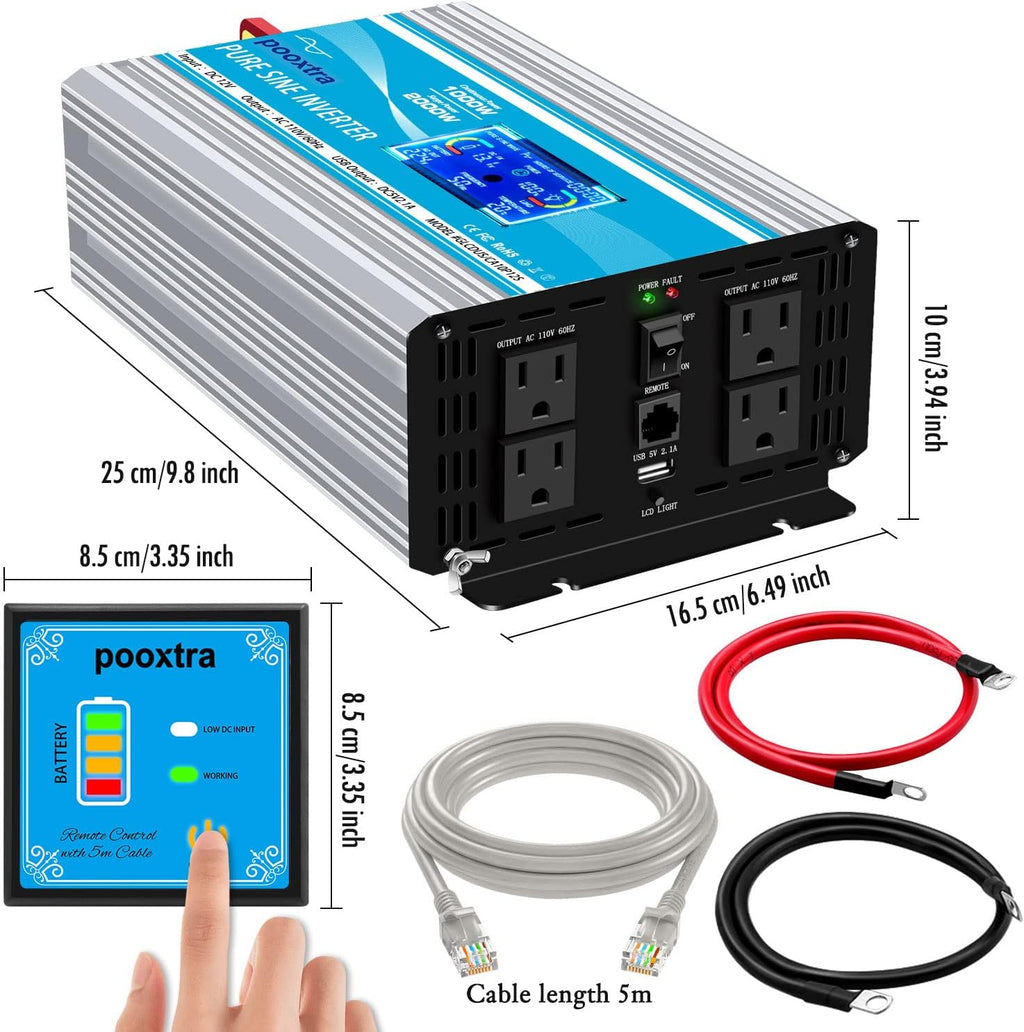 2000 Watt Pure Sine Wave Inverter 12V DC to 110V/120V AC with LCD Display & USB Port J3130