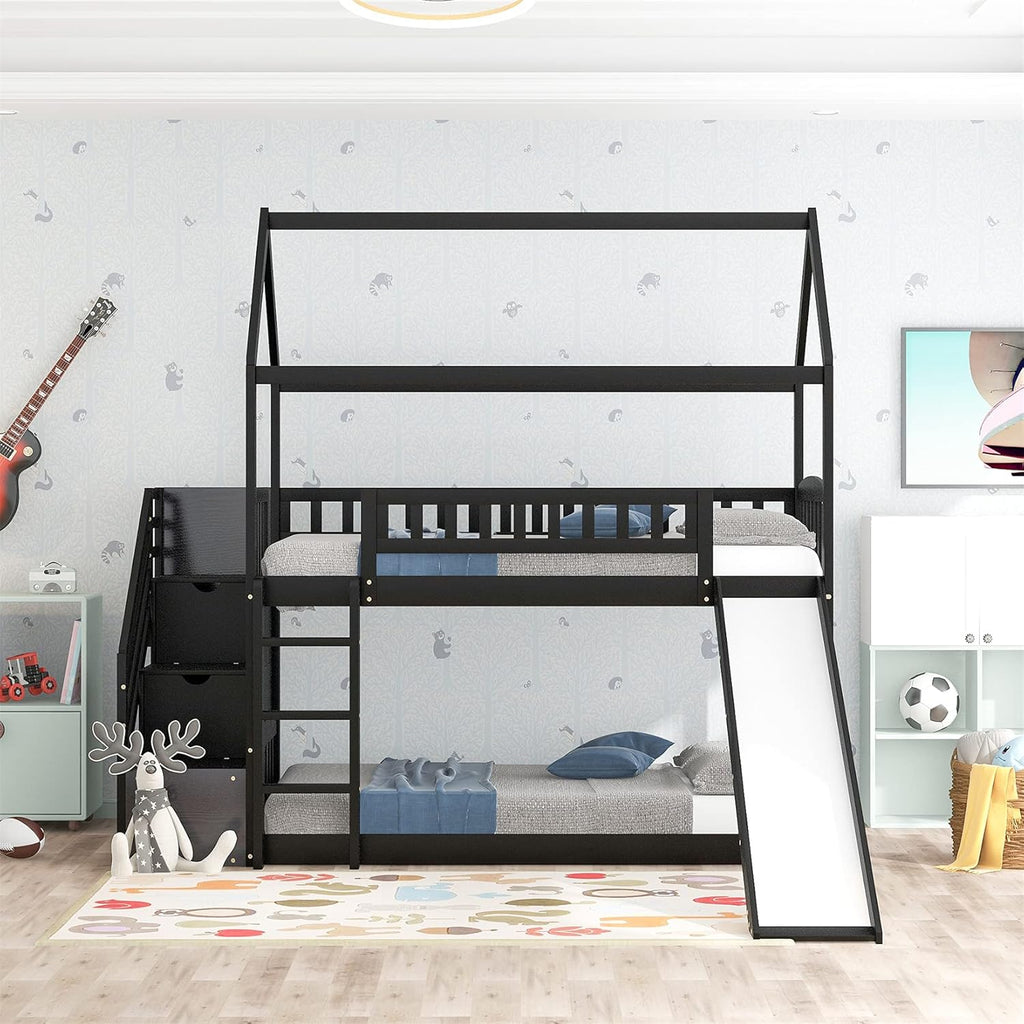 White Twin Over Twin Wood Bunk Bed with Slide and Storage Staircase O101