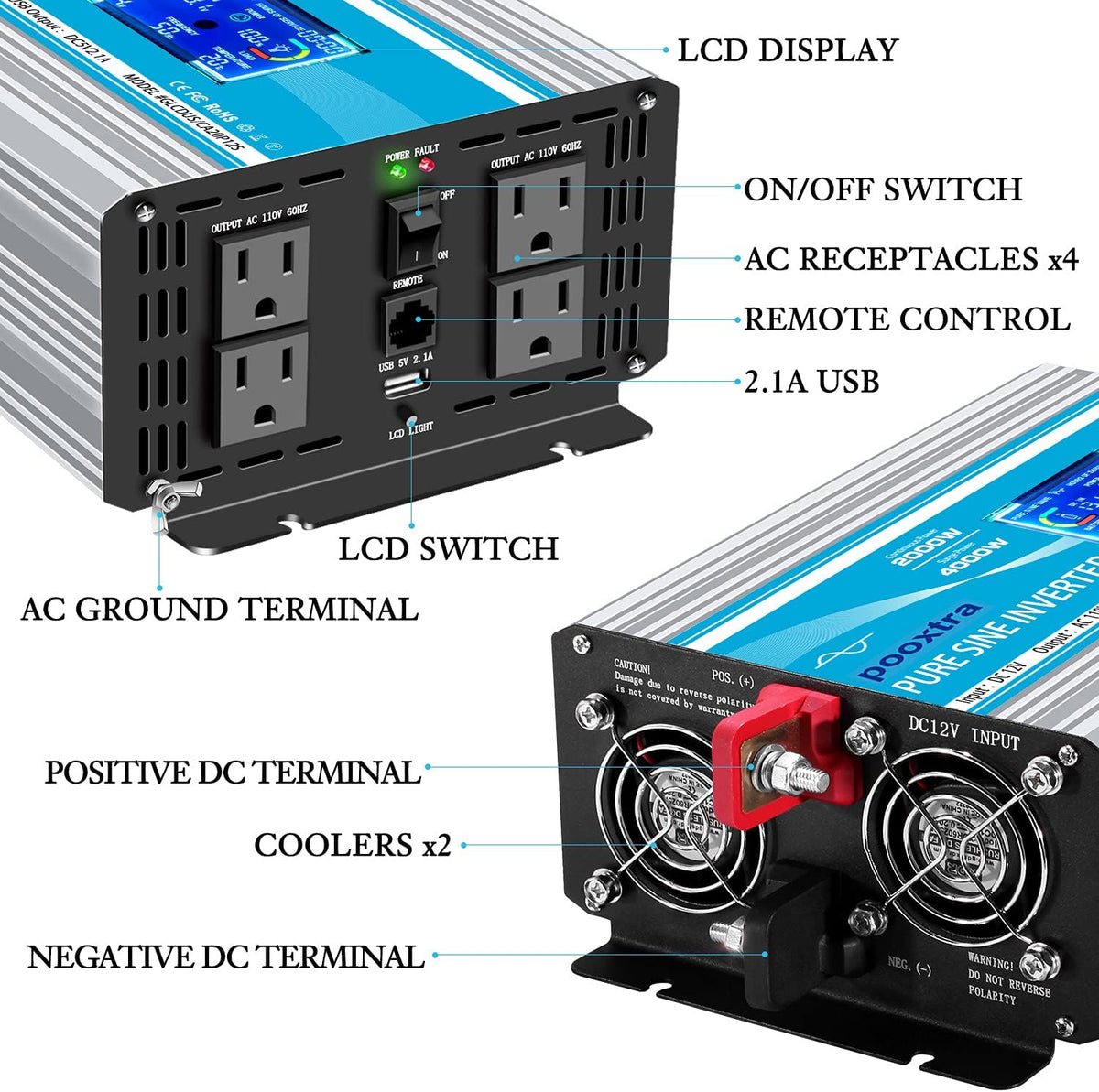 2000 Watt Pure Sine Wave Inverter 12V DC to 110V/120V AC with LCD Display & USB Port J3130