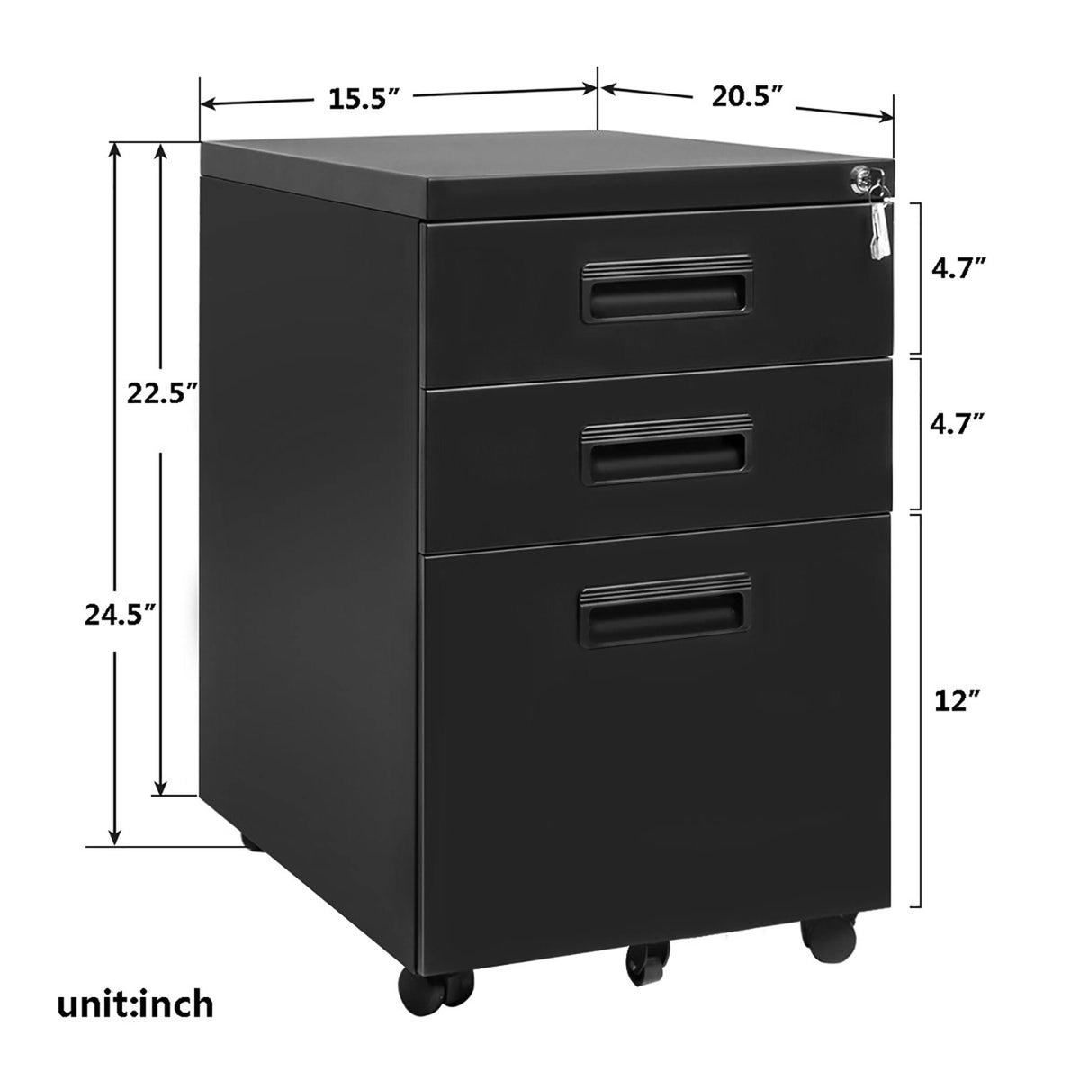 3-Drawer Black Metal File Cabinet with Keys D507611