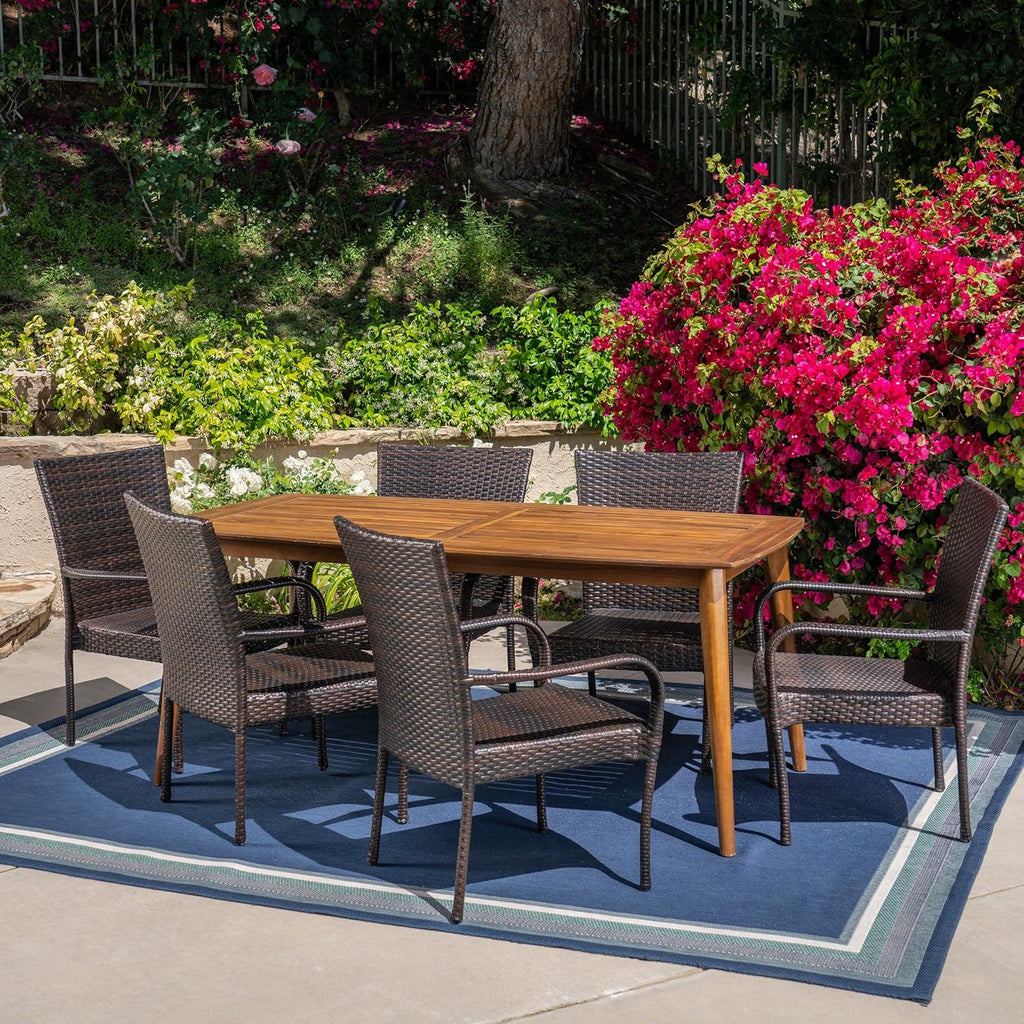 7 Piece Multibrown Wicker and Acacia Wood Dining Set G206