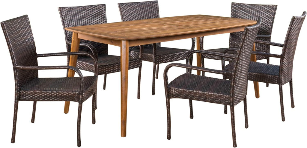 7 Piece Multibrown Wicker and Acacia Wood Dining Set G206