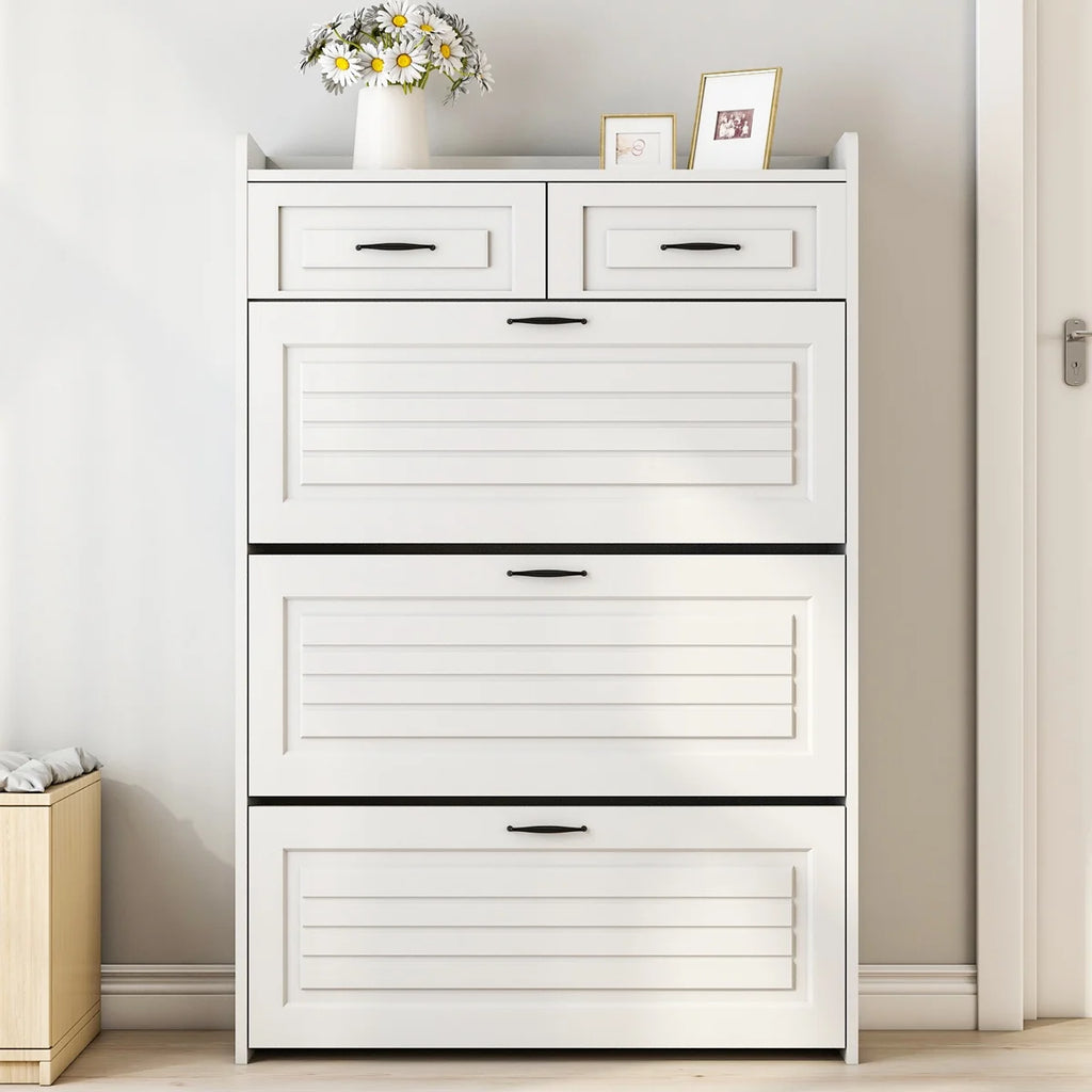 White Narrow 3 Door 2 Drawer Shoe Storage Cabinet H33522