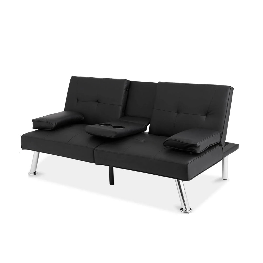 Black Faux Leather Convertible Sofa Futon with 2 Cup Holders Y19564