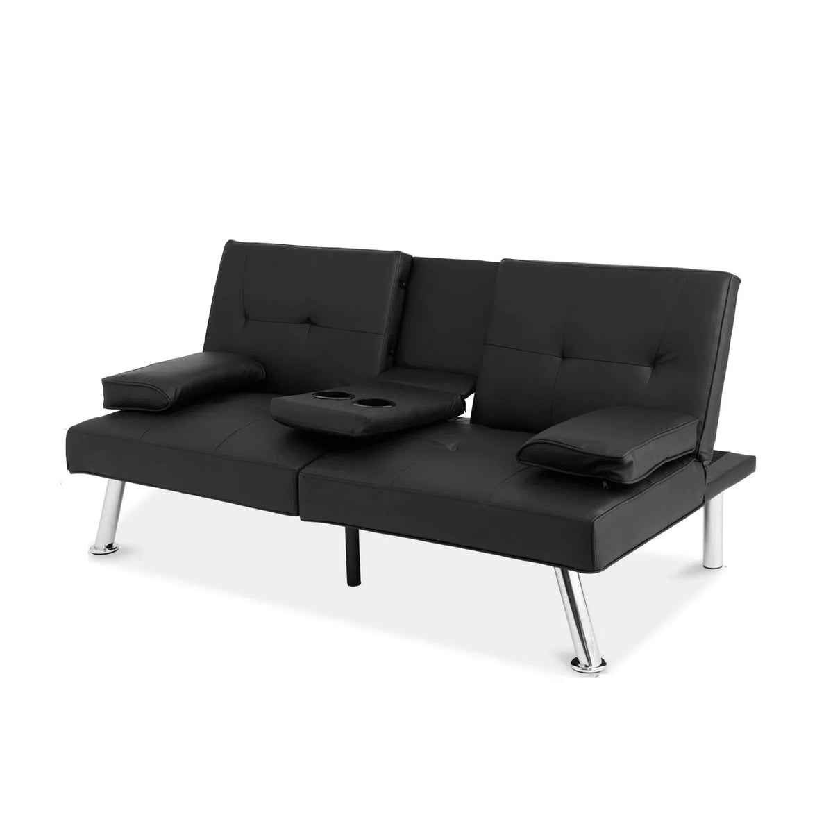 Black Faux Leather Convertible Sofa Futon with 2 Cup Holders Y19564