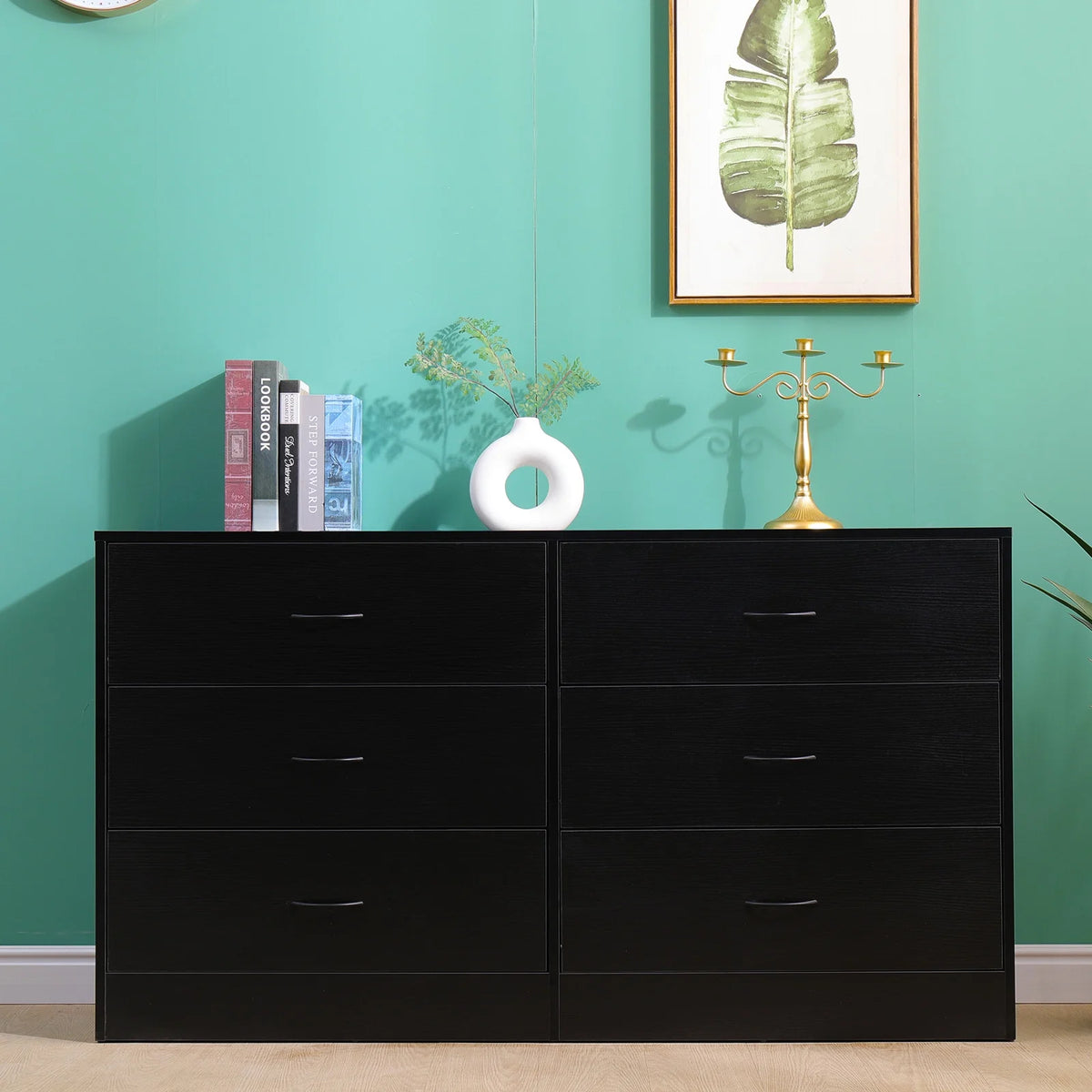 Black 6 Drawer Wood Dresser Y364