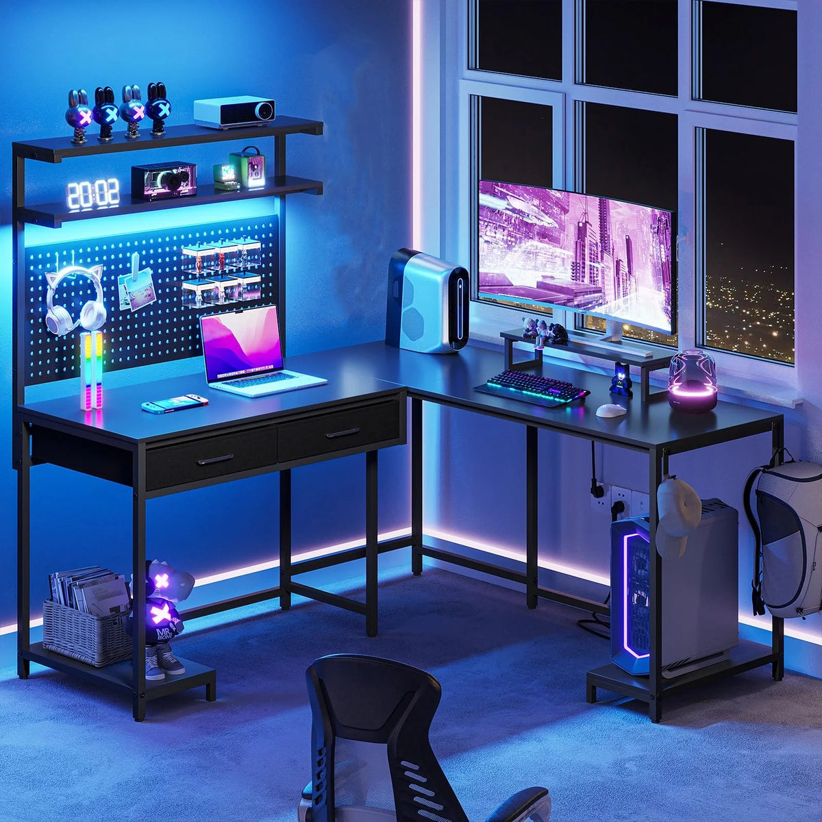 L Shaped Gaming Desk with LED Lights and Hutch D977