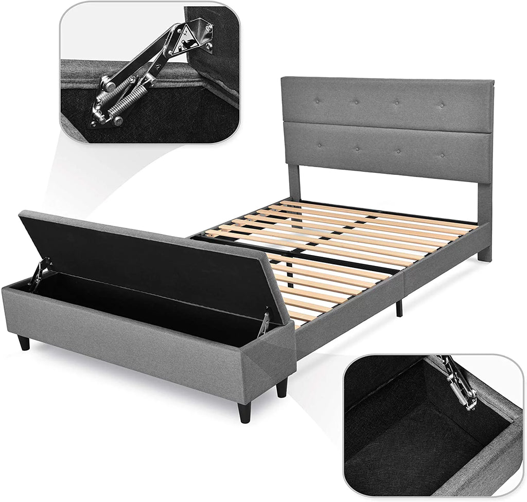 Queen Platform Bed Frame with Storage Bench and Headboard Gray U301932