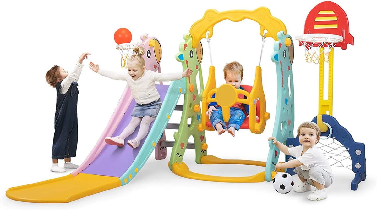 5 in 1 Kids Slide and Swing Set Plastic Blue H44434