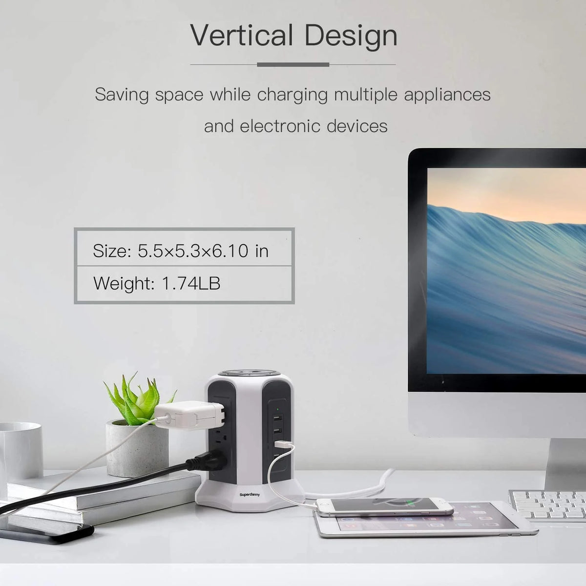10ft Power Strip Tower Wireless Charger Surge Protector USB Charging Station G3510