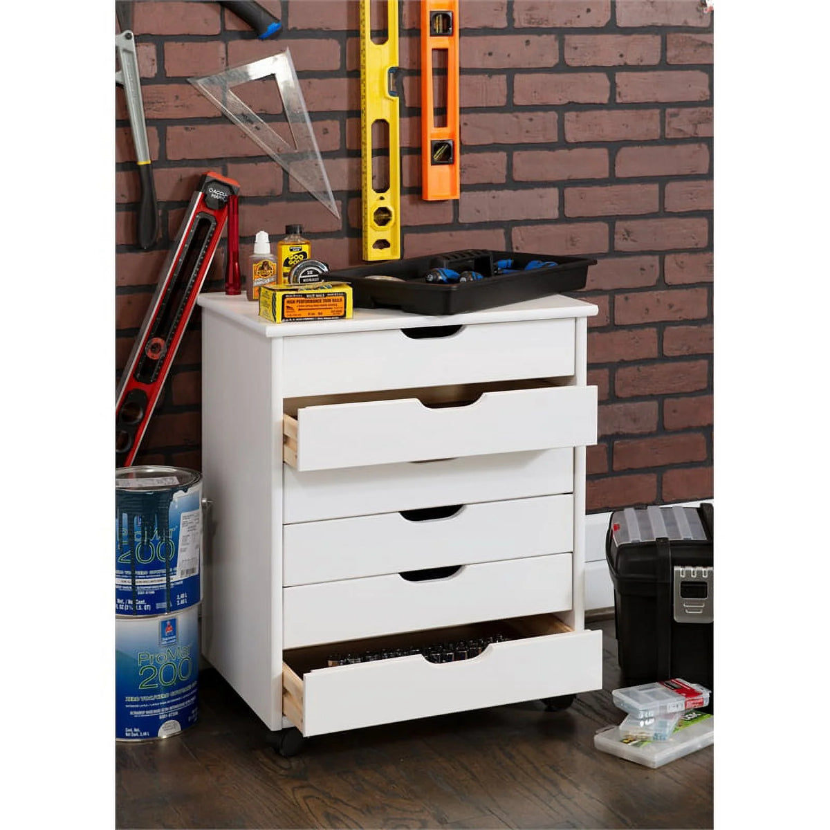 Six Drawer Wood Rolling Cart in White Wash K936511