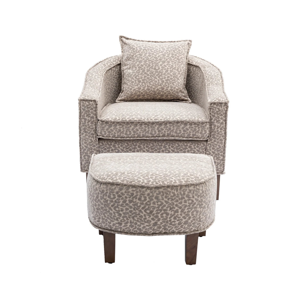 Leopard Gray Linen Polyester Upholstered Barrel Chair with Ottoman J521875