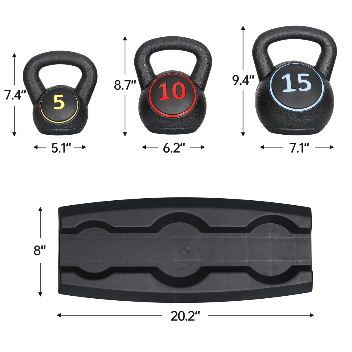 3 Piece 5lb 10lb 15lb Kettlebell Set with Storage Rack I20014