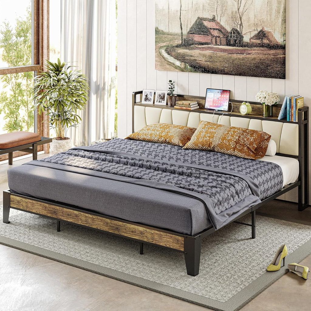King Bed Frame with Storage Headboard and Charging Station Z6912