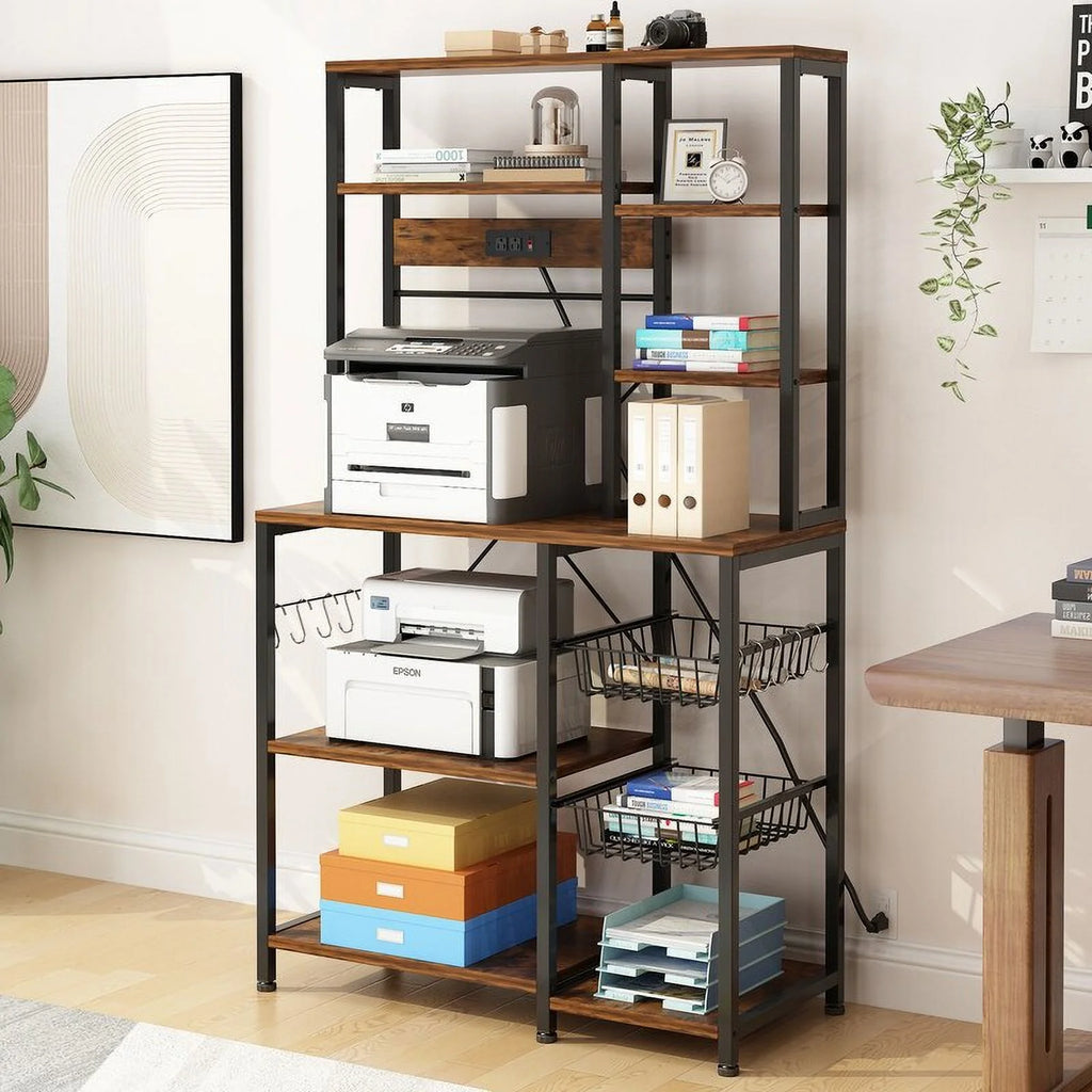 6 Layers Vintage Kitchen Baker's Rack with 10 S Hooks and Outlets R3522