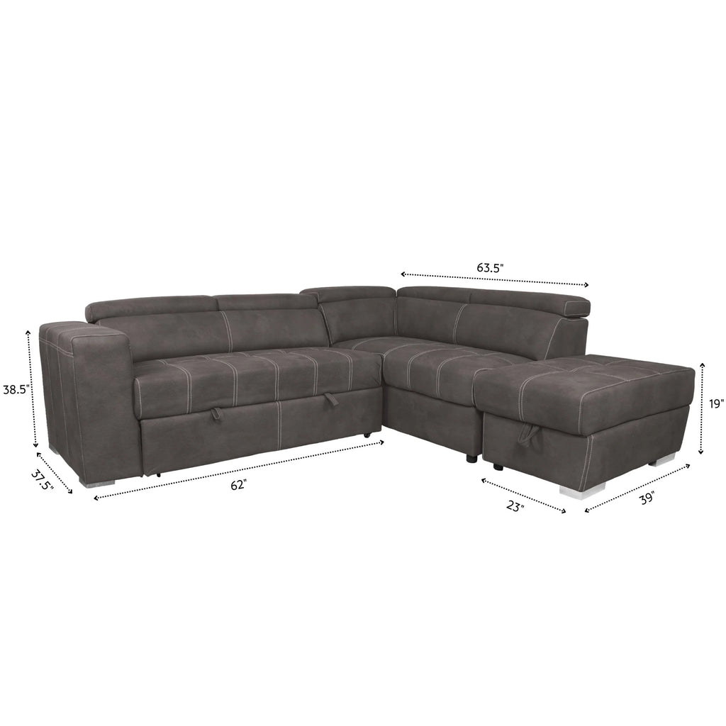 Brown 3-Piece Corner Sleeper Sectional with Storage Ottoman M7836