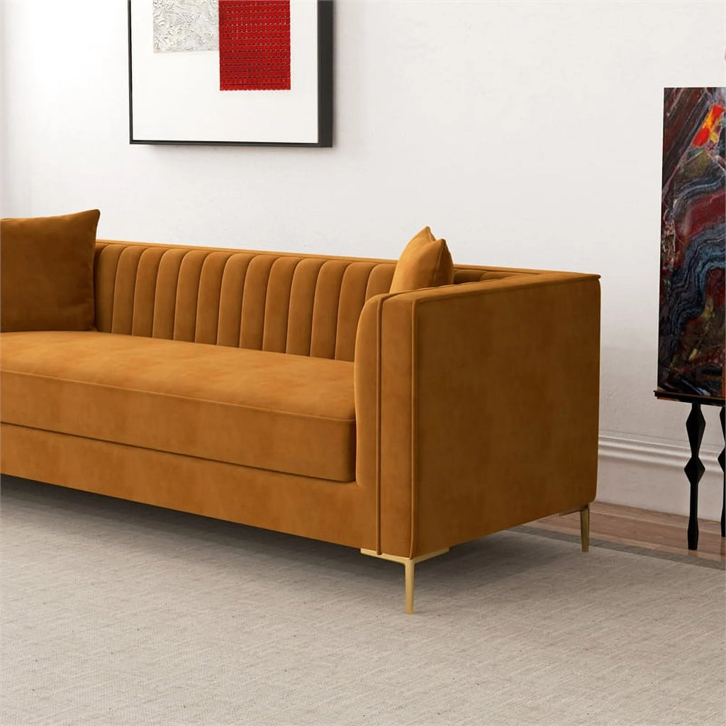 Cognac Tan Velvet Square Arm Couch N3766