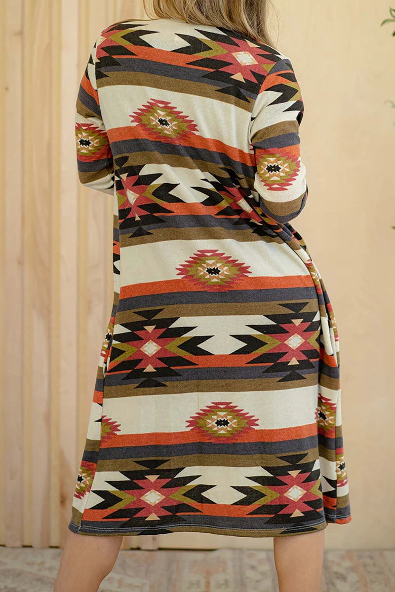 Geometric Print Contrast Cardigan Collar Outerwear O961
