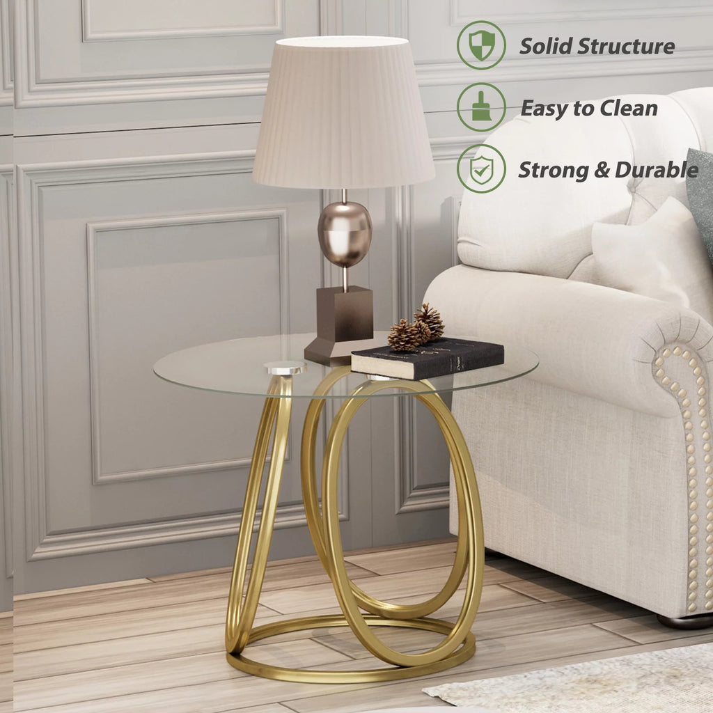 Modern Glass Round End Table with Gold Metal Frame A64887