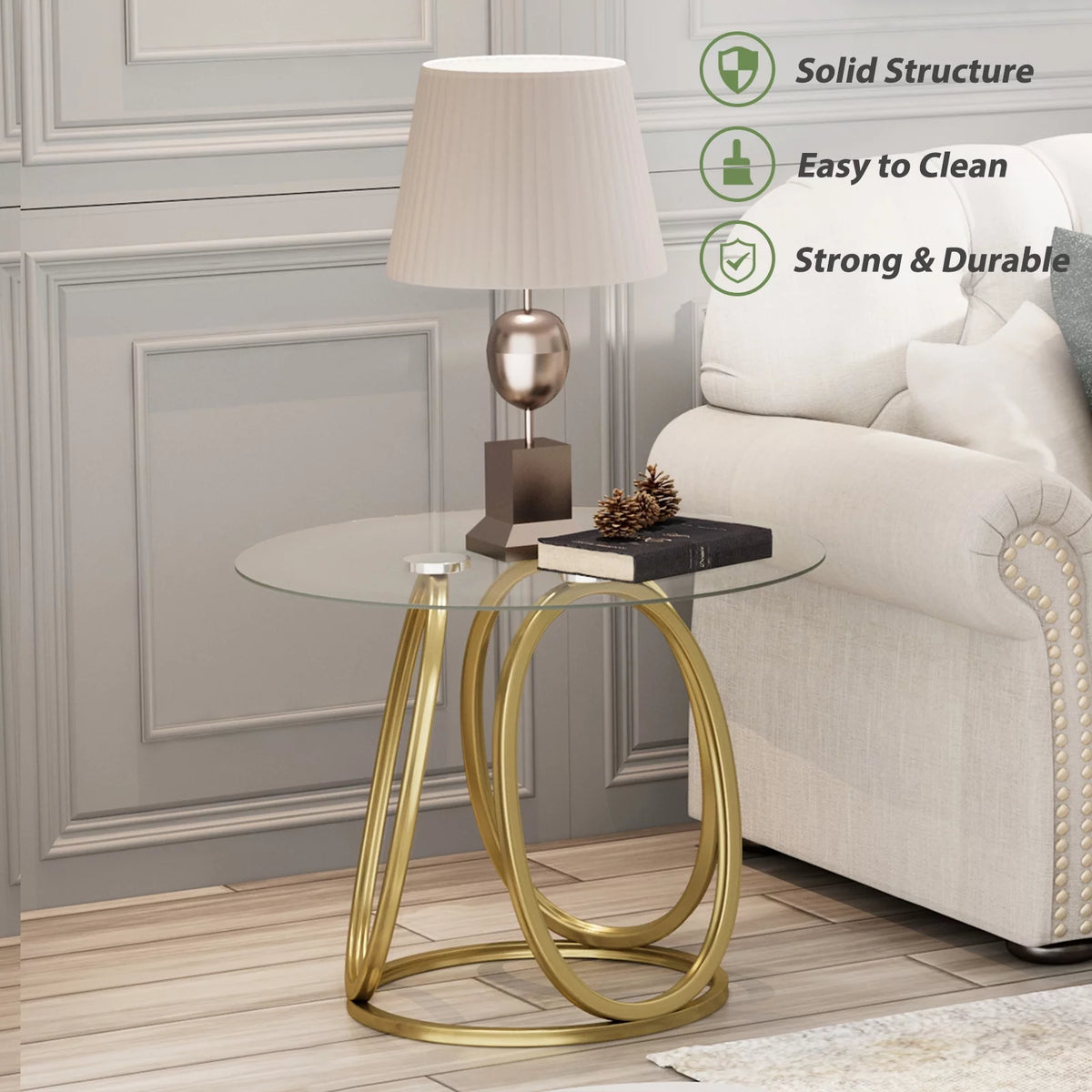Modern Glass Round End Table with Gold Metal Frame A64887