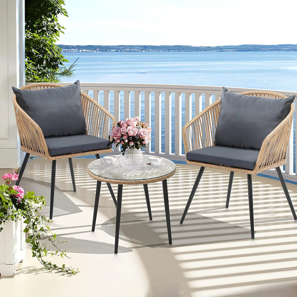 3-Piece Wicker Bistro Set with Cushions and Glass Side Table L2067