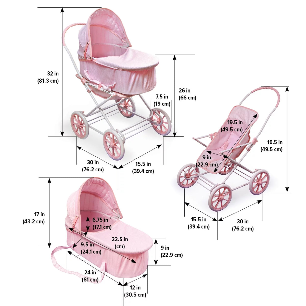 Pink Gingham Doll Pram Carrier Stroller F70112