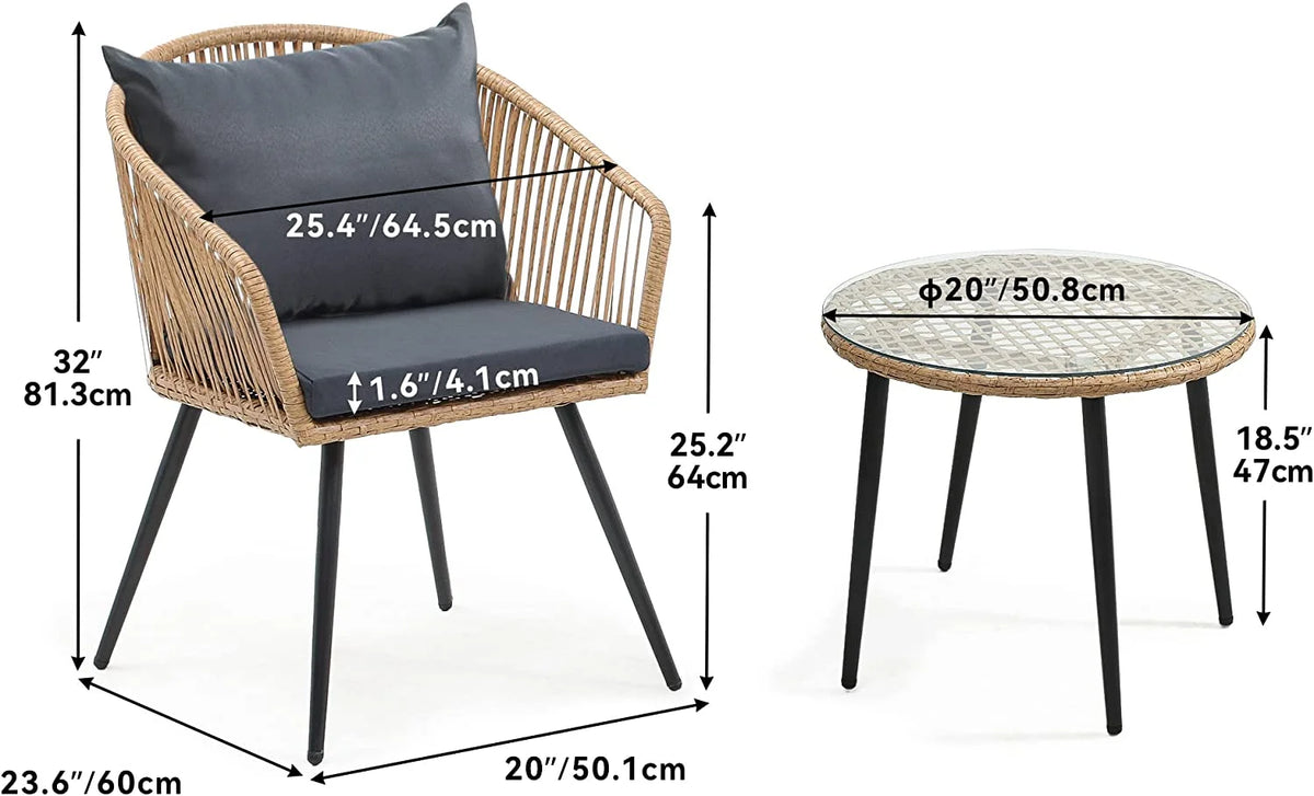 3-Piece Wicker Bistro Set with Cushions and Glass Side Table L2067