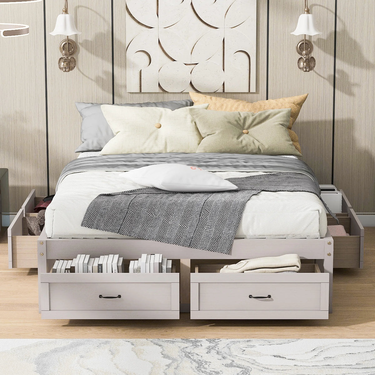 Antique White Wood Queen Size Platform Bed with 6 Drawers L16988