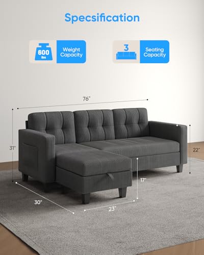 76 Inch Corduroy L Shaped Sectional Sofa with Storage Ottoman W278430