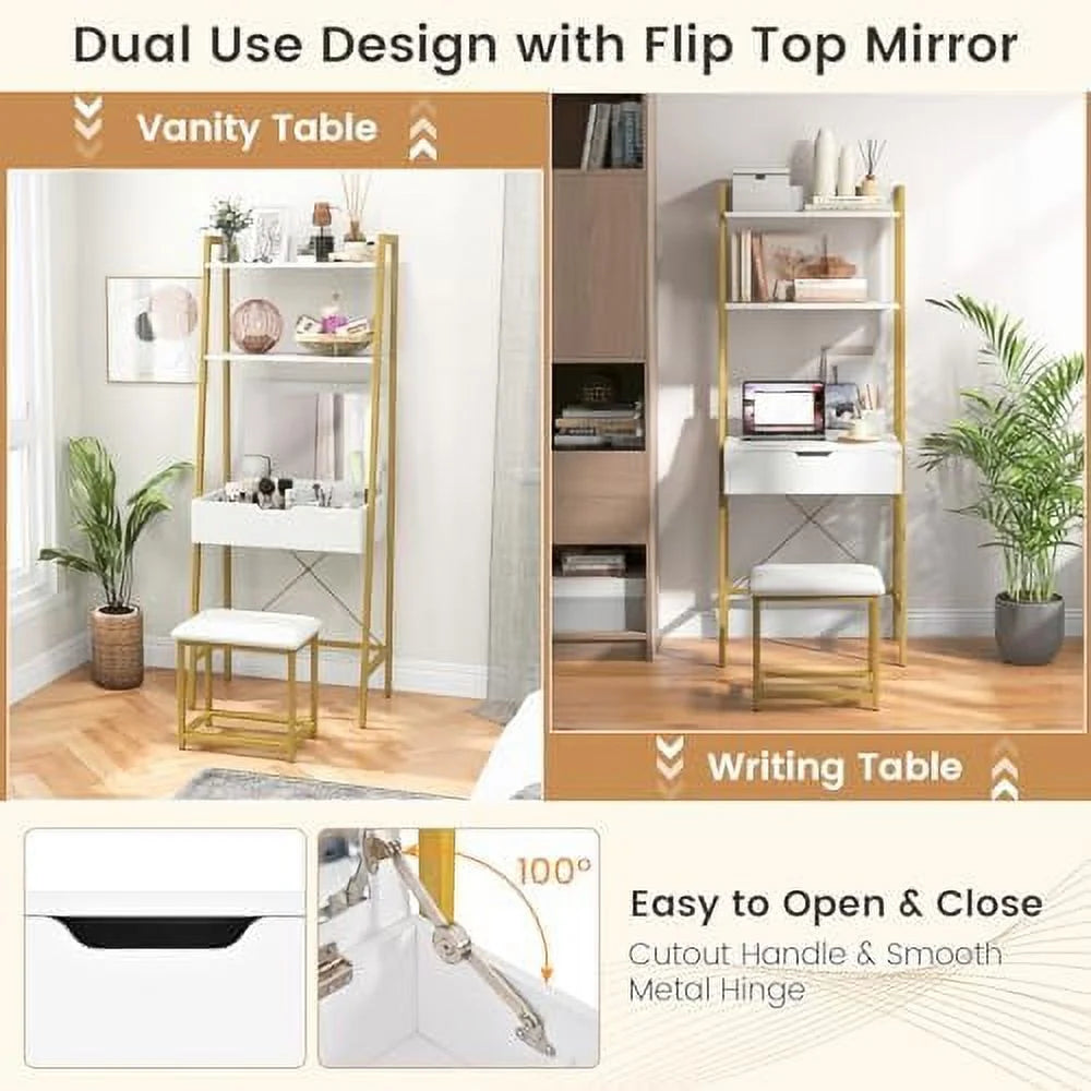 Black Brown Vanity Table Set with Flip Top Mirror and Cushioned Stool D30084