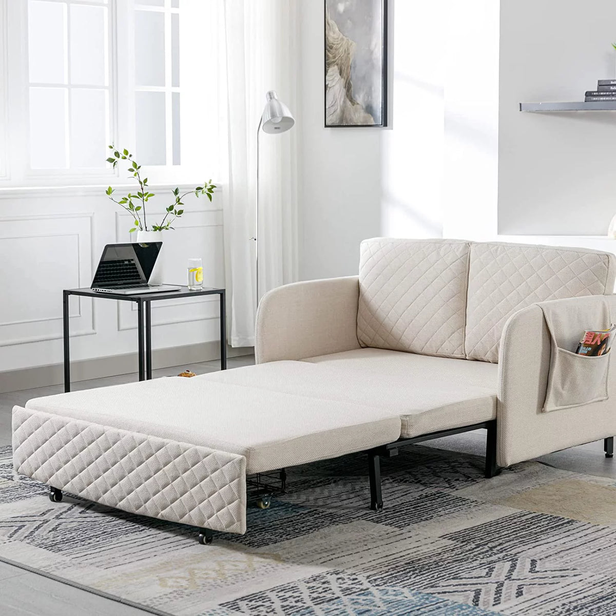 Mini Pull Out Couch Bed Twin Sleeper Sofa with Side Pocket Beige Linen U1984