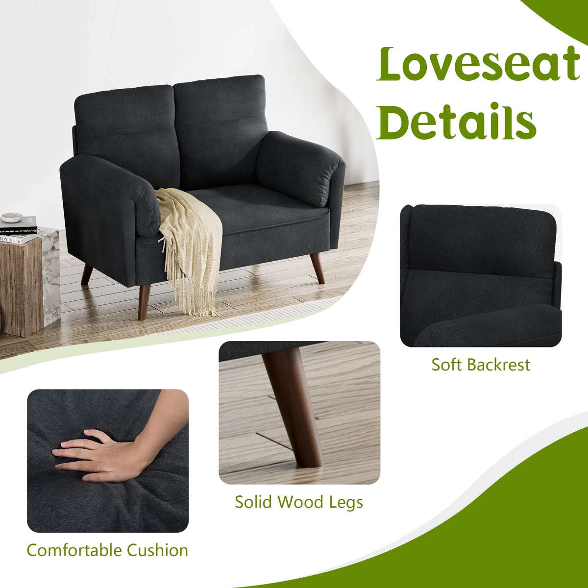 Black Upholstered 2-Seater Loveseat Sofa with Wood Legs B80707