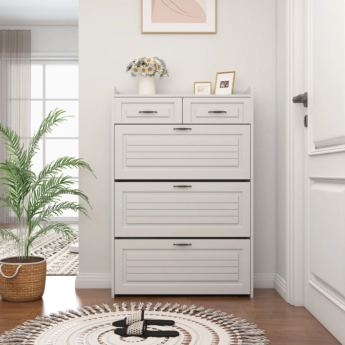 White Narrow 3 Door 2 Drawer Shoe Storage Cabinet H33522
