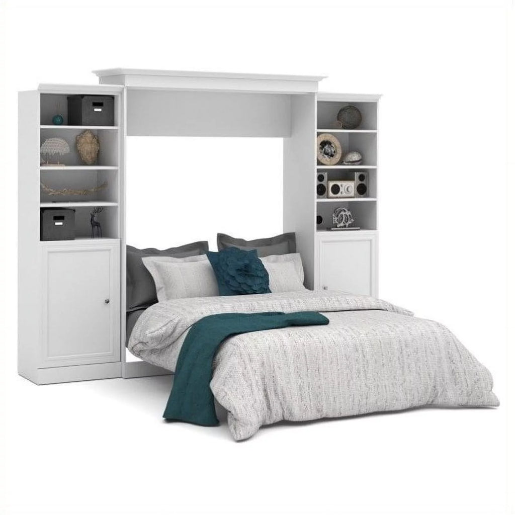 White Wood Queen Murphy Bed with 2 Organizers U7304