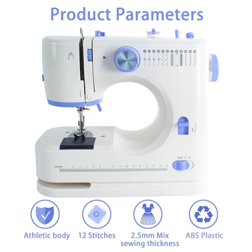 Portable Sewing Machine with 12 Built-in Stitches, 2 Speed, White Blue W392