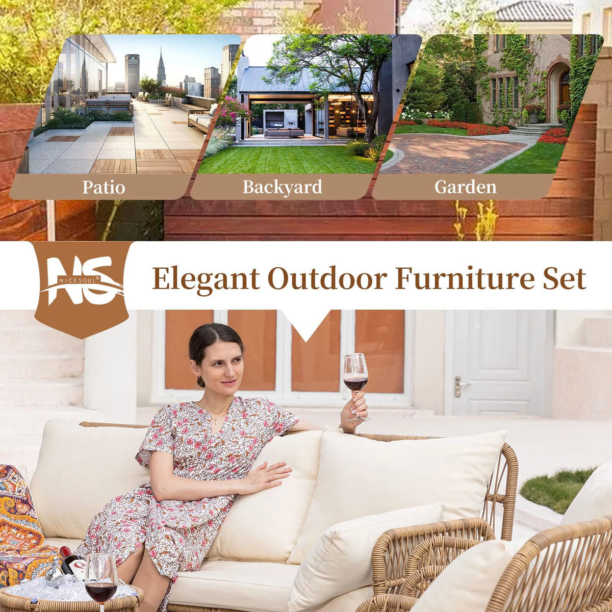 9 Pcs Wicker Patio Conversation Set with Fire Pit Table C495918