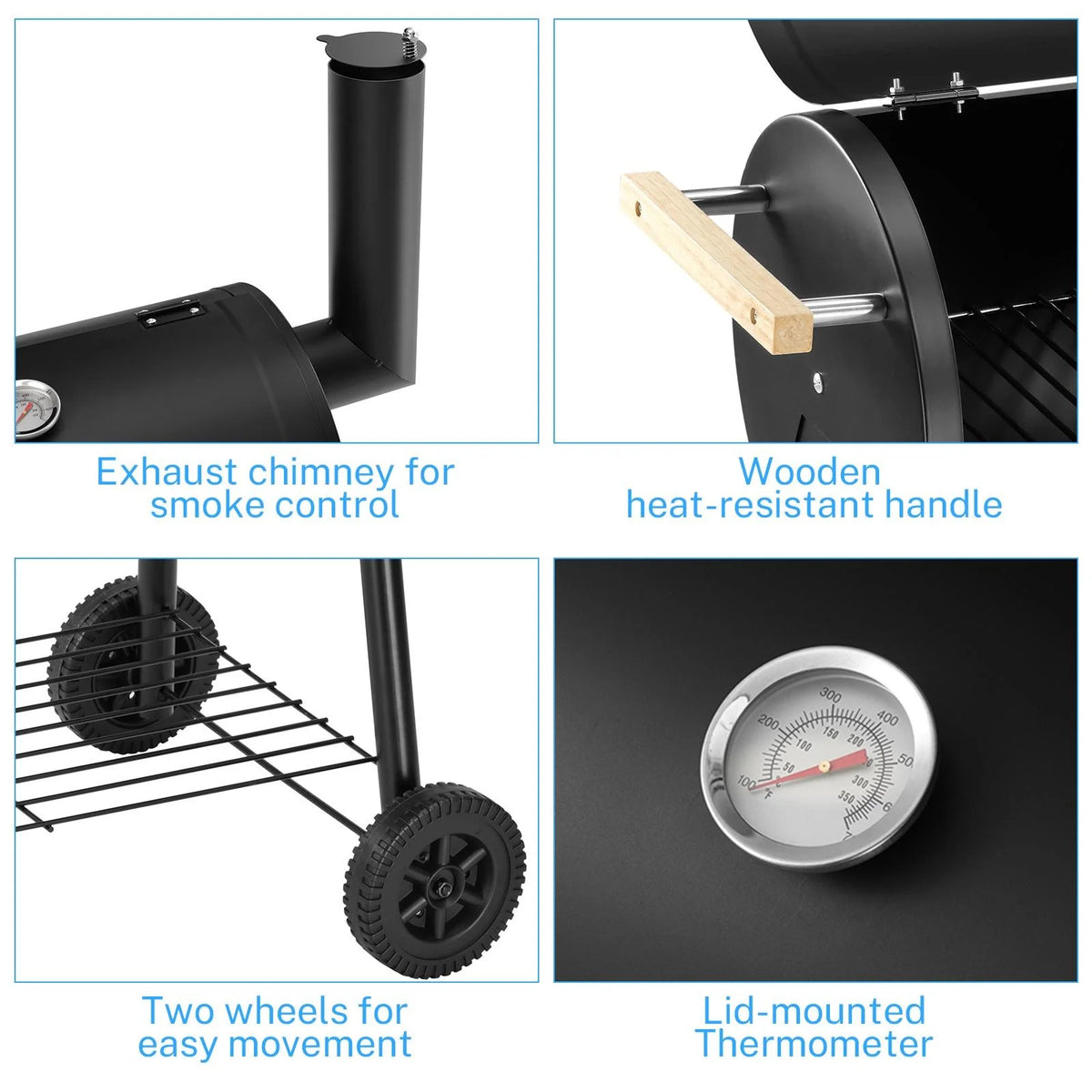 Charcoal Grill, 45.28-Inch Portable Barbecue Grill with Wheels & Thermometer E822