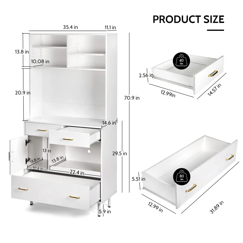 White 71'' Kitchen Pantry Storage Cabinet with 3 Drawers O884
