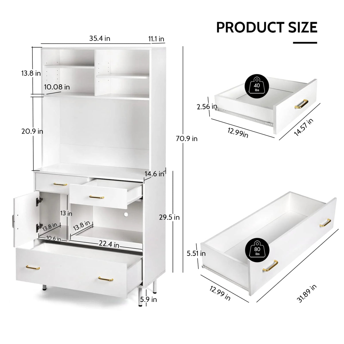 White 71'' Kitchen Pantry Storage Cabinet with 3 Drawers O884