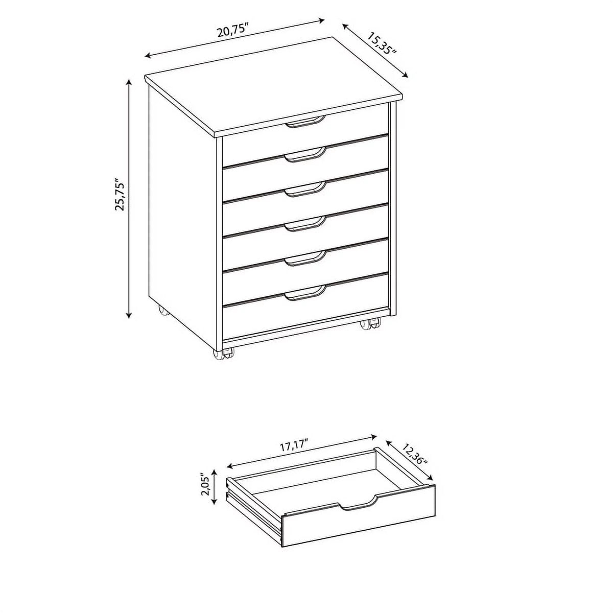Six Drawer Wood Rolling Cart in White Wash K936511
