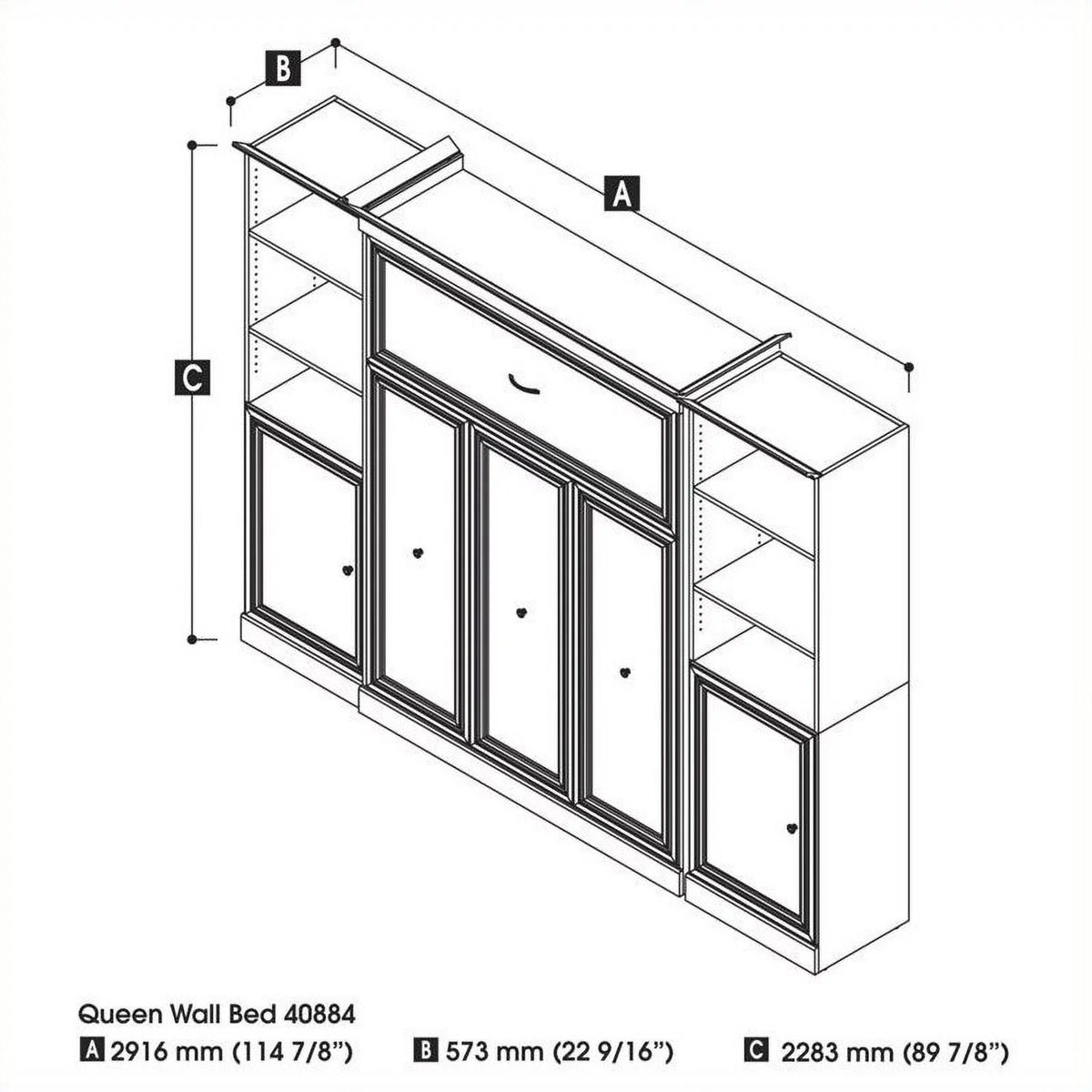 White Wood Queen Murphy Bed with 2 Organizers U7304