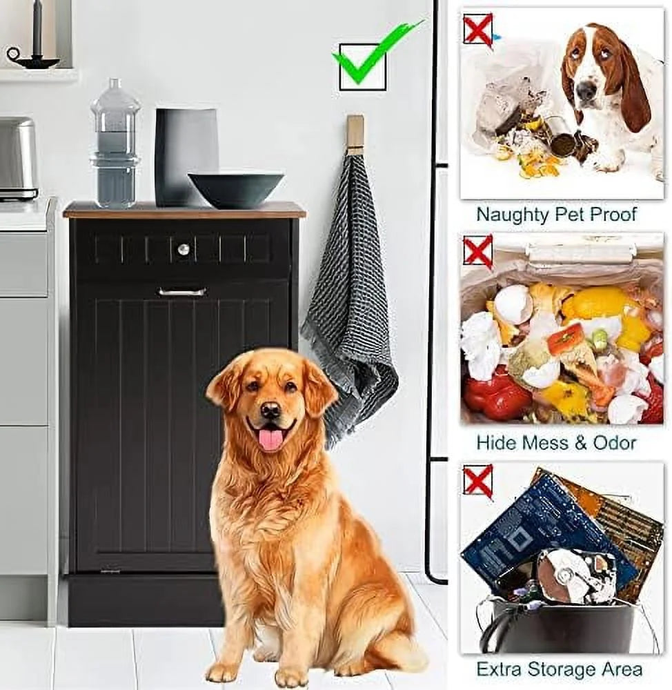 Free-Standing Tilt Out Trash Bin with Drawer and Countertop Grey J4577