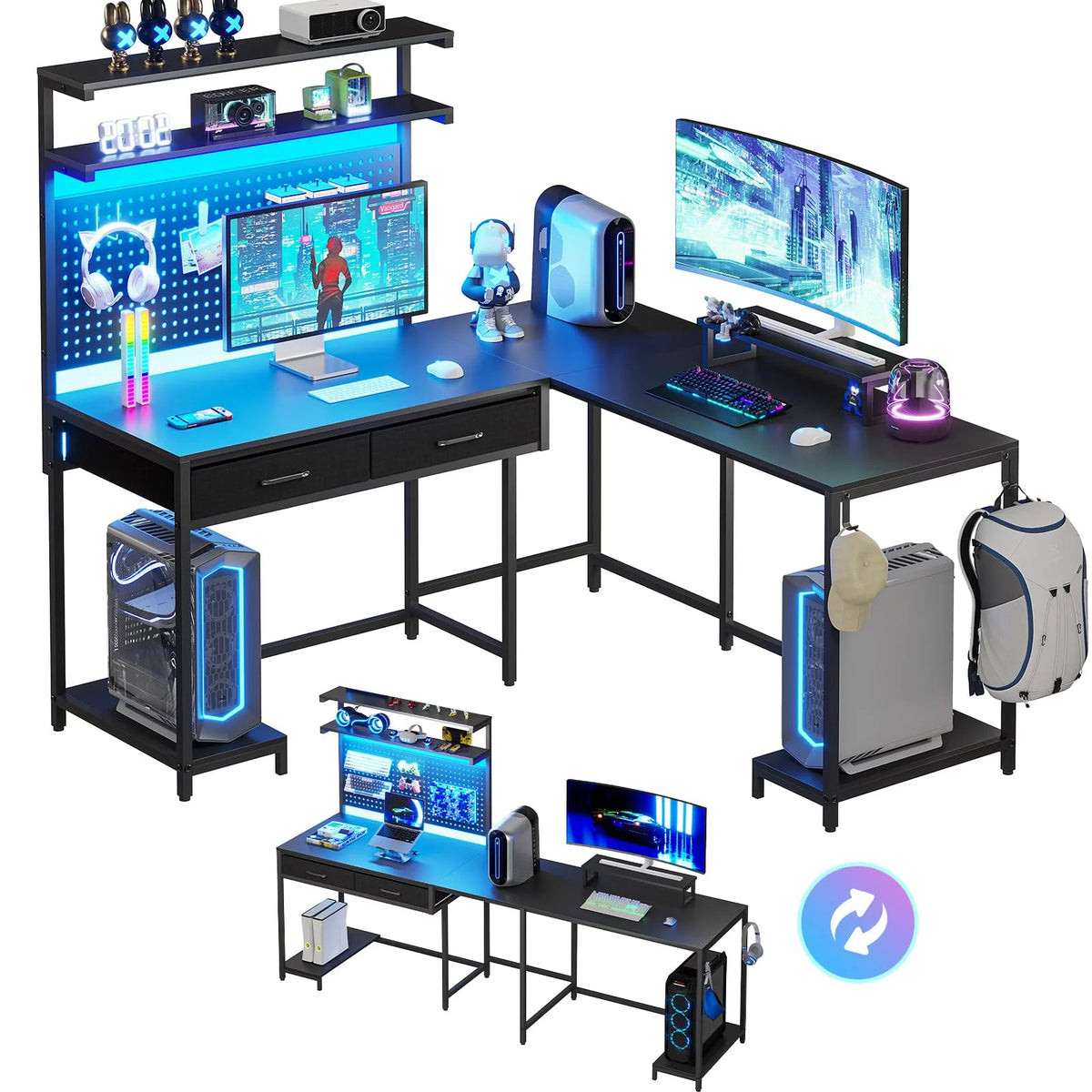 L Shaped Gaming Desk with LED Lights and Hutch D977