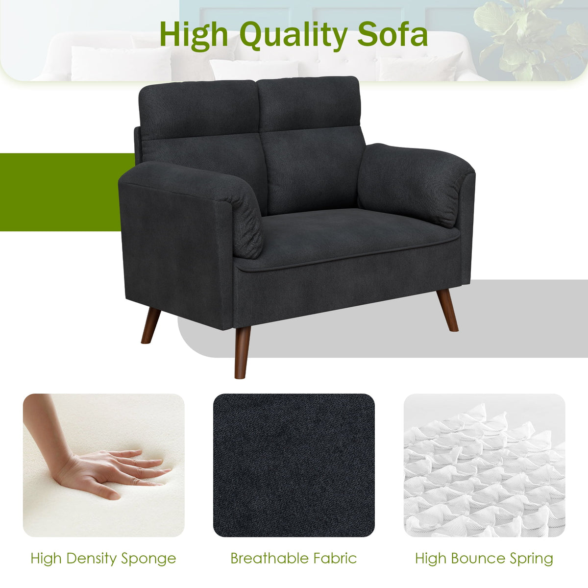 Black Upholstered 2-Seater Loveseat Sofa with Wood Legs B80707