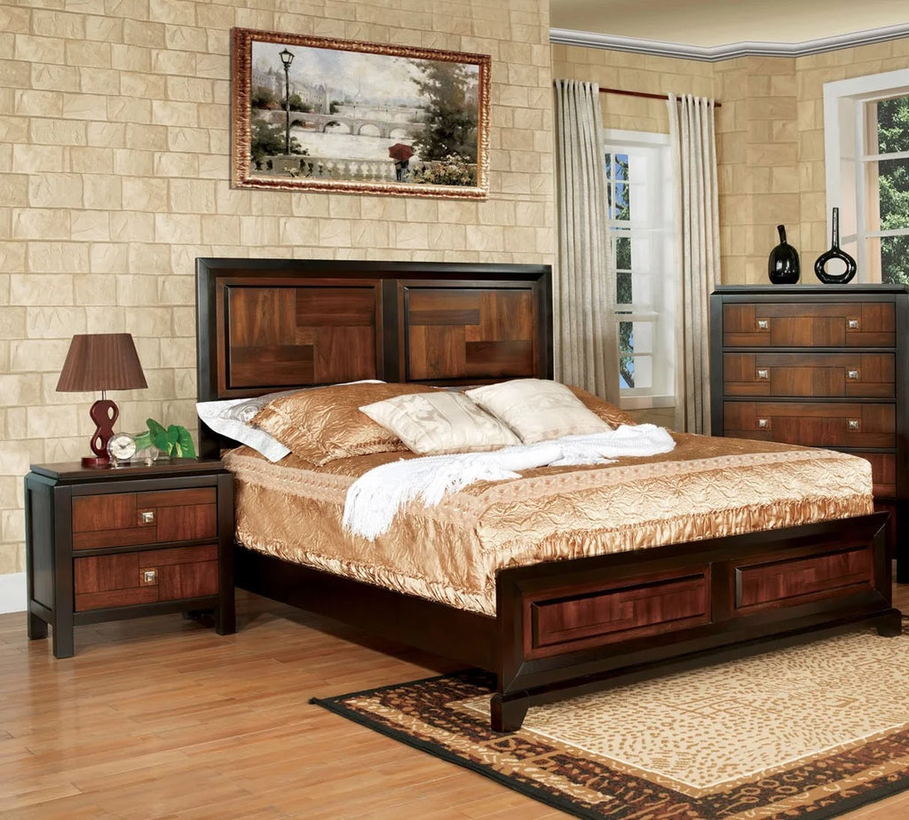 Walnut Acacia Finish 3pc Eastern King Size Bed and 2 Nightstands M48210