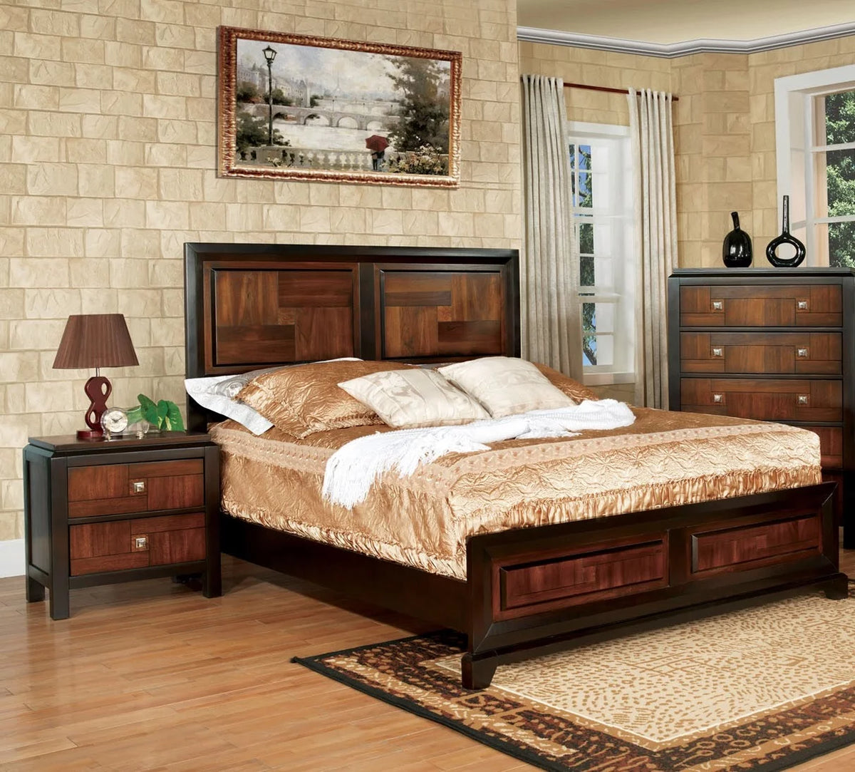 Walnut Acacia Finish 3pc Eastern King Size Bed and 2 Nightstands M48210